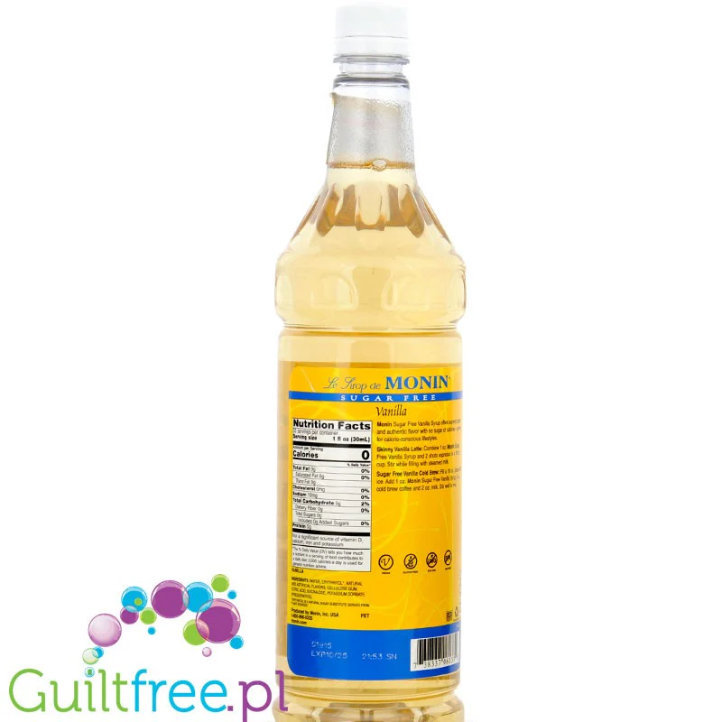Monin Sugar Free Vanilla Syrup, 1L USA - syrop bez cukru i kalorii do kawy, smak waniliowy - Image 2