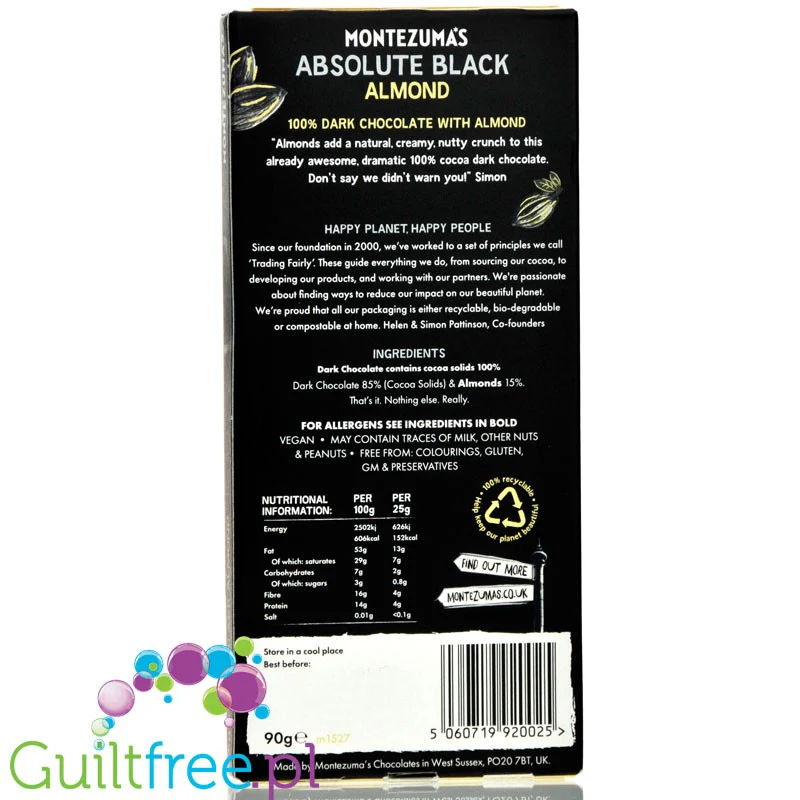 Montezuma's Absolute Black & Almonds - keto czekolada 100% kakao z migdałami - Image 2