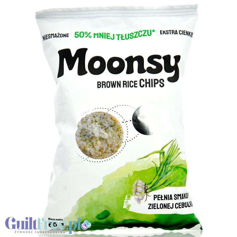 Moonsy Brown Rice Zielona Cebulka - cieniutkie chipsy z brązowego ryżu 50% mniej tłuszczu