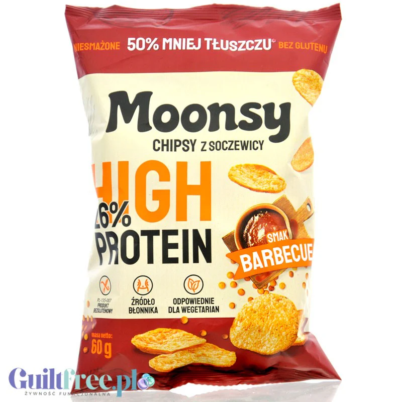 Moonsy High Protein 26%, Barbecue - cieniutkie chipsy z soczewicy 50% mniej tłuszczu