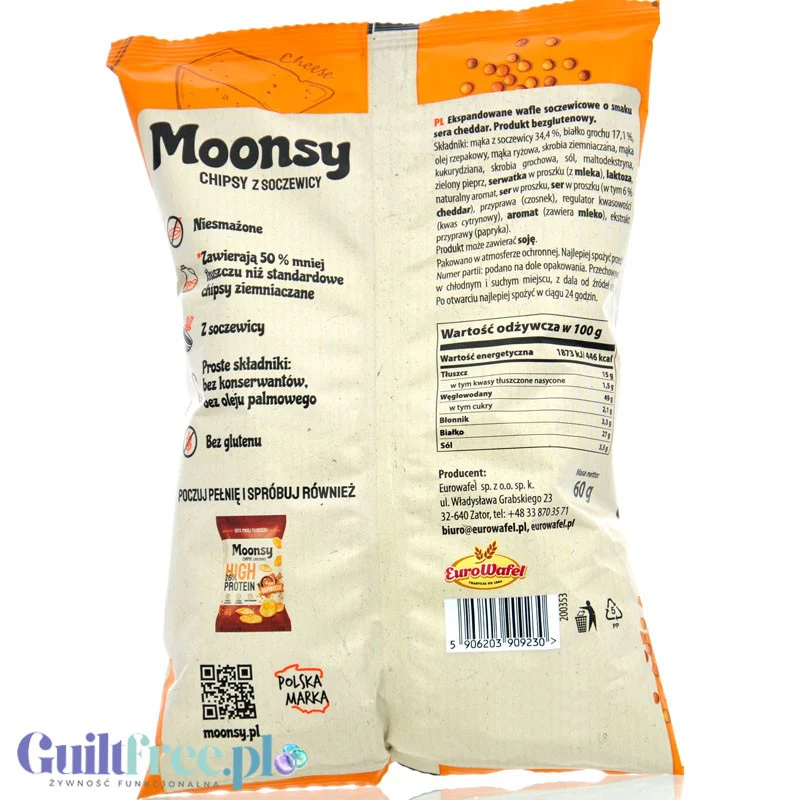 Moonsy High Protein 26%, Cheddar - cieniutkie chipsy serowe z soczewicy 50% mniej tłuszczu - Image 2
