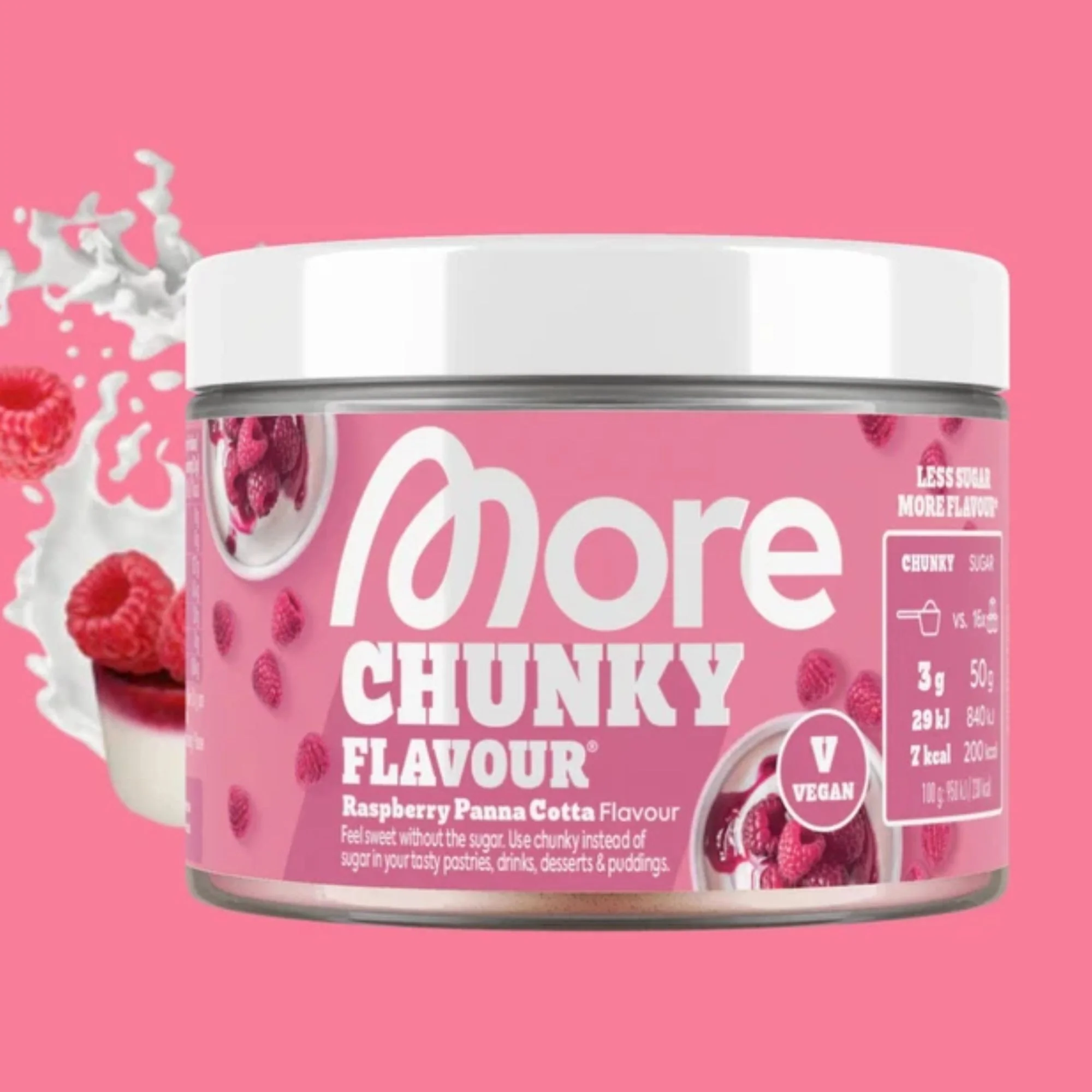 More Nutrition Chunky Flavor Raspberry Panna Cotta 150g - wegański aromat w proszku 7kcal, smak Malina & Śmietanka - Image 2