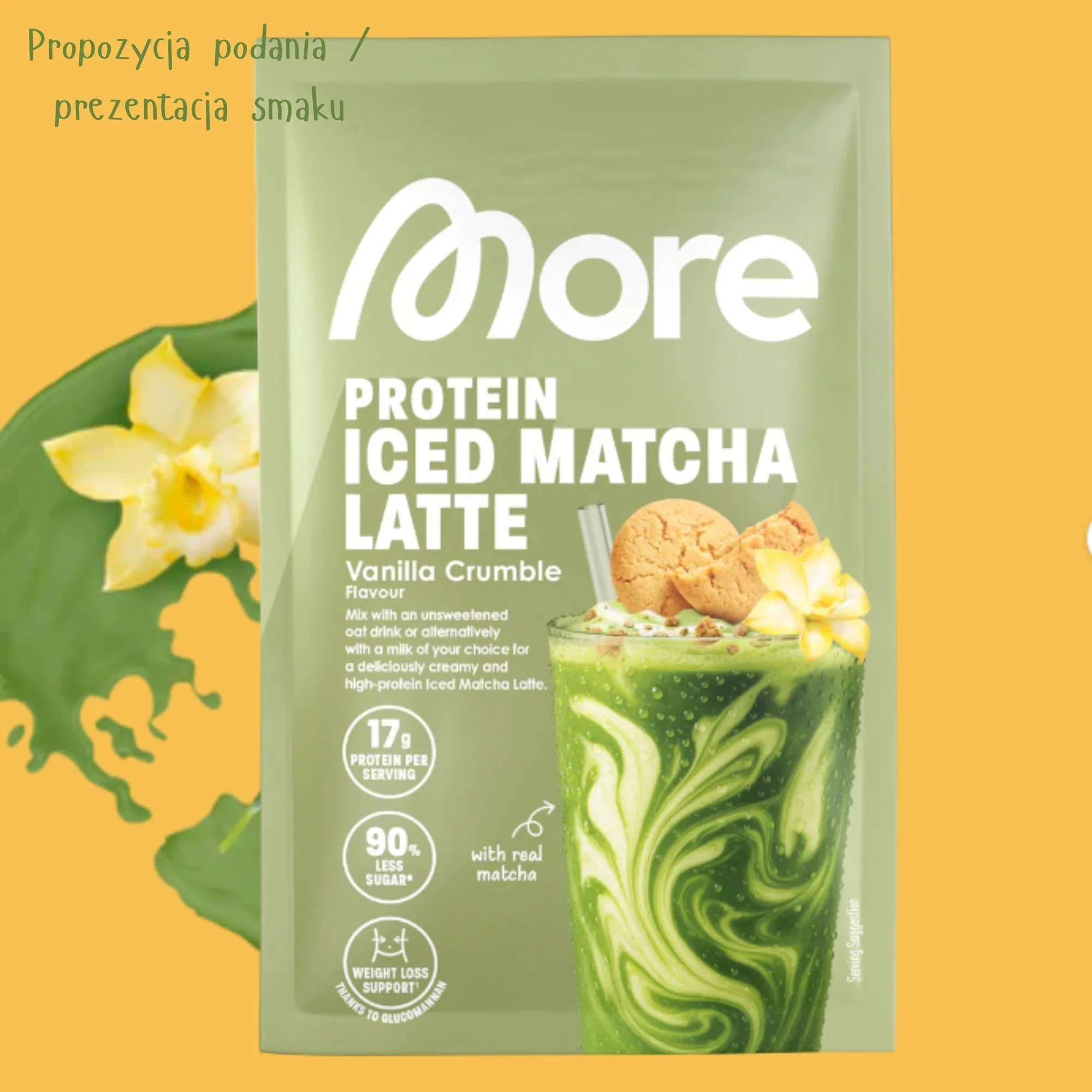 More Nutrition Protein Iced Matcha Latte Vanilla Crumble saszetka 25g - proteinowa zielona herbata matcha bez cukru 17g białka - Image 2