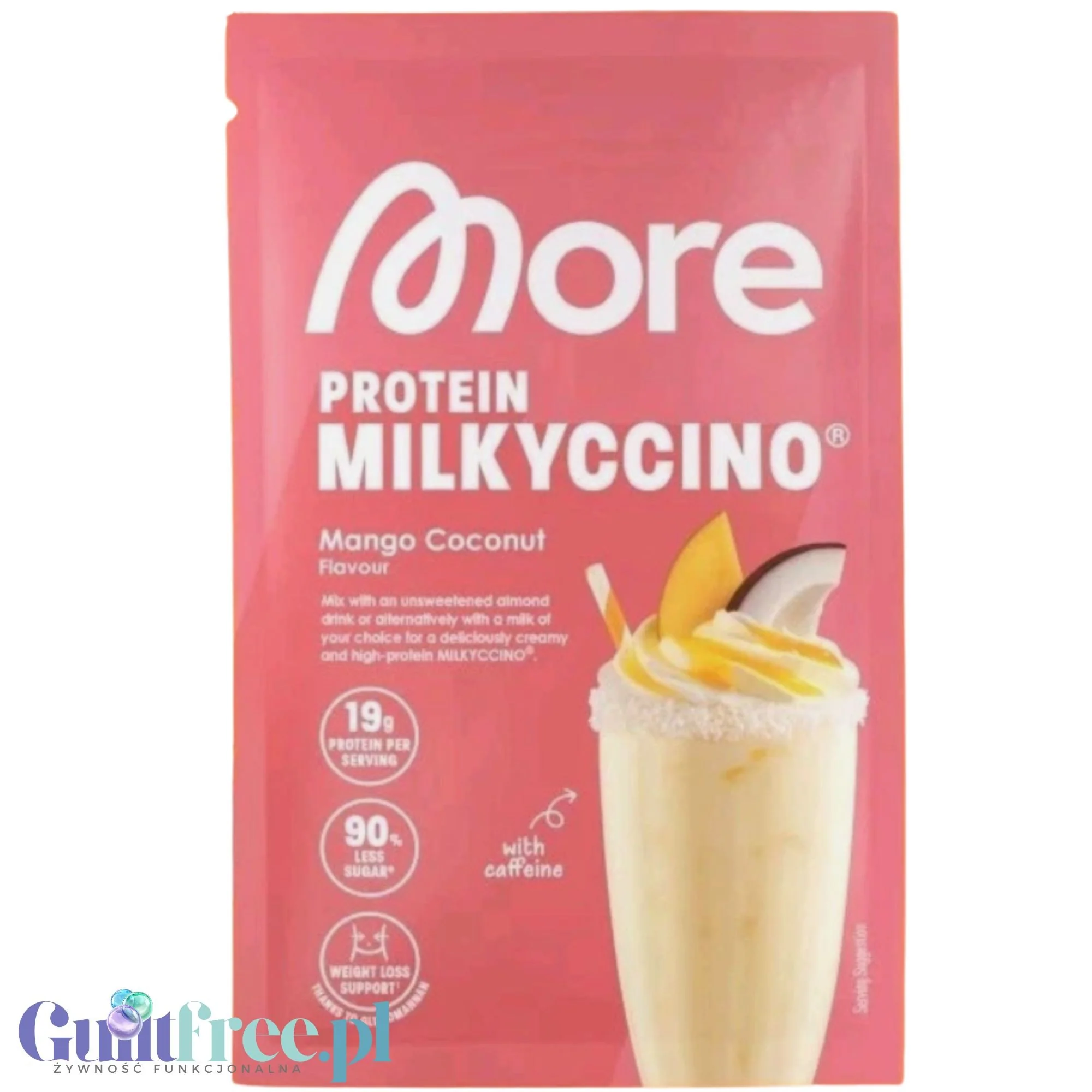 More Nutrition Protein Milkyccino Mango Coconut, saszetka 25g - odżywka białkowa z kazeiną i kawałkami ciasteczek