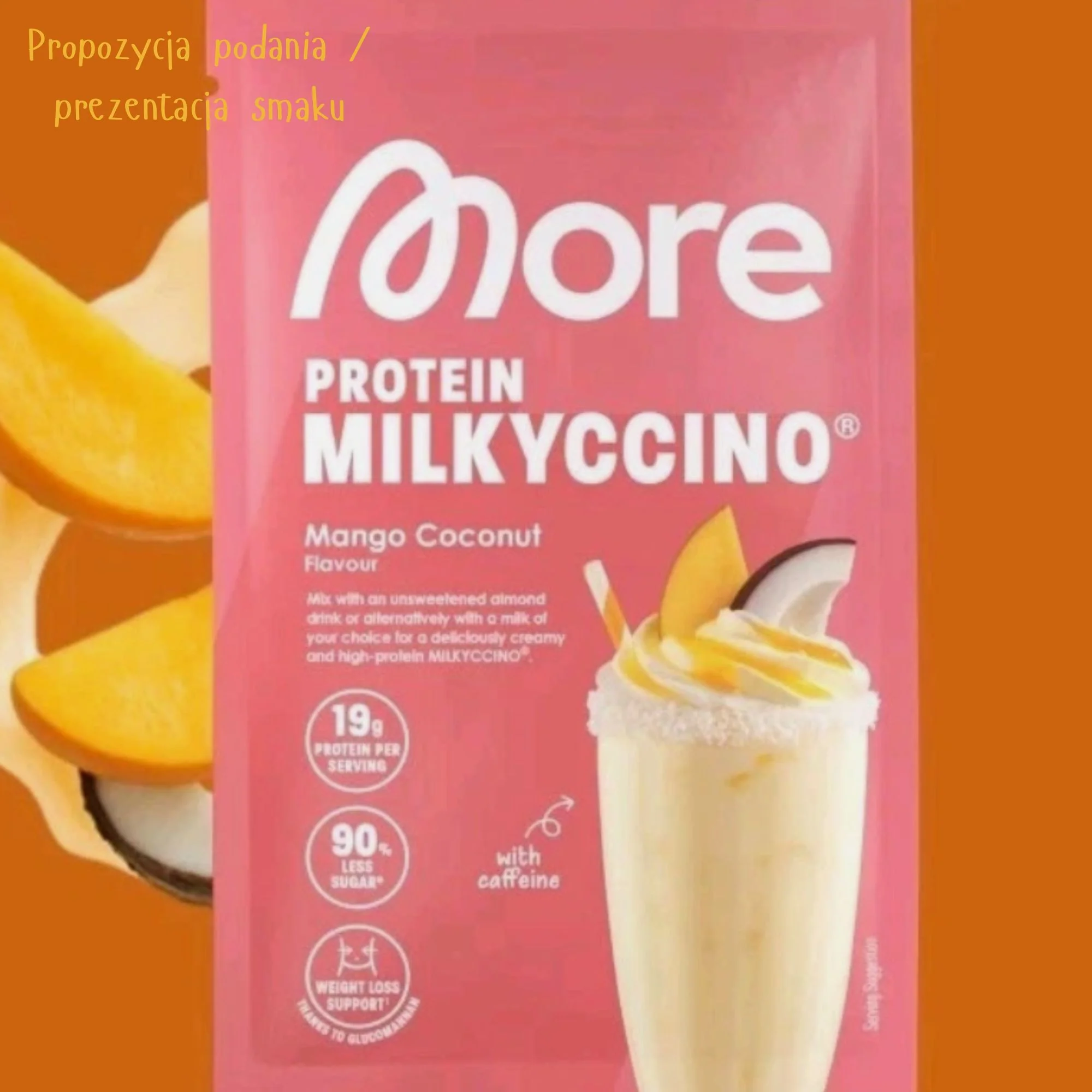 More Nutrition Protein Milkyccino Mango Coconut, saszetka 25g - odżywka białkowa z kazeiną i kawałkami ciasteczek - Image 2