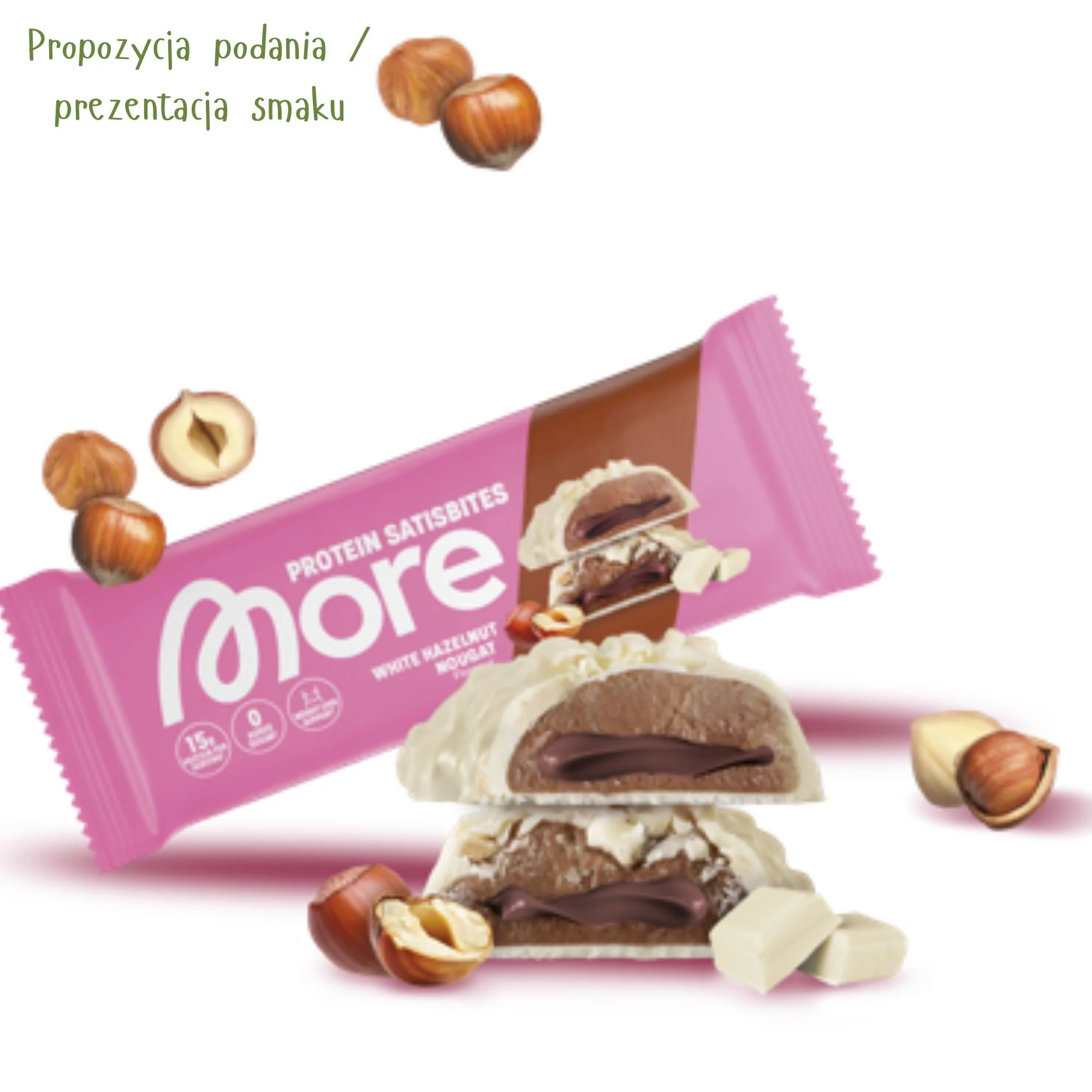 More Nutrition Protein Satisbites, White Hazelnut Nougat - 2 batoniki proteinowe bez dodatku cukru 15g białka - Image 3