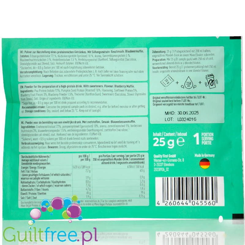 More Nutrition Total Vegan Protein Blueberry Muffin - wegańska odżywka na białku grochu, dyni i słonecznikowym - Image 3