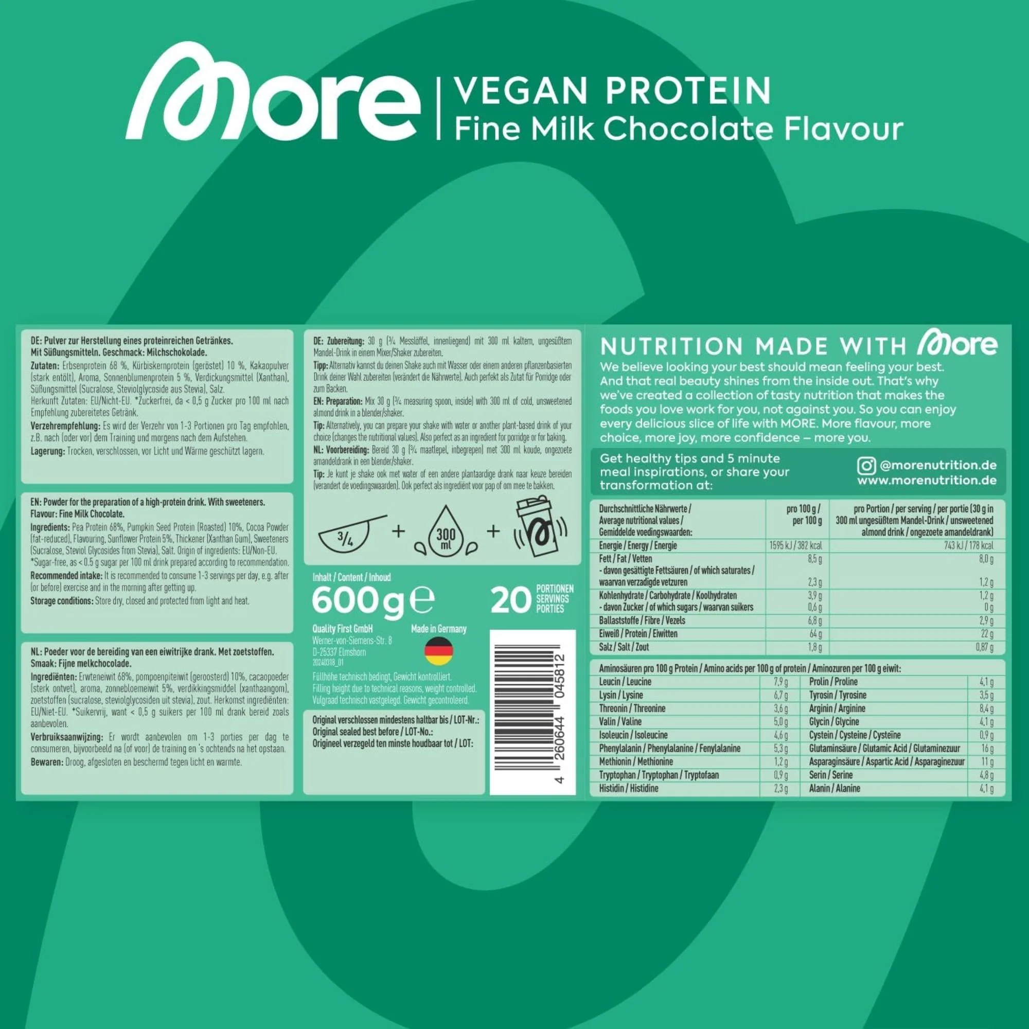 More Nutrition Vegan Protein Fine Milk Chocolate - wegańska odżywka białkowa, smak Shake Czekoladowy - Image 3
