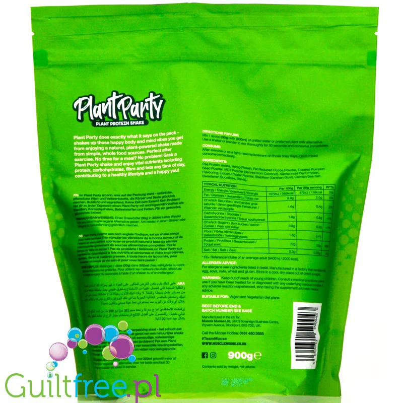 Muscle Moose Party Plant Protein Shake Chocolate 0,9kg - wegańska odżywka białkowa bez soi, cukru i glutenu, Czekolada - Image 2