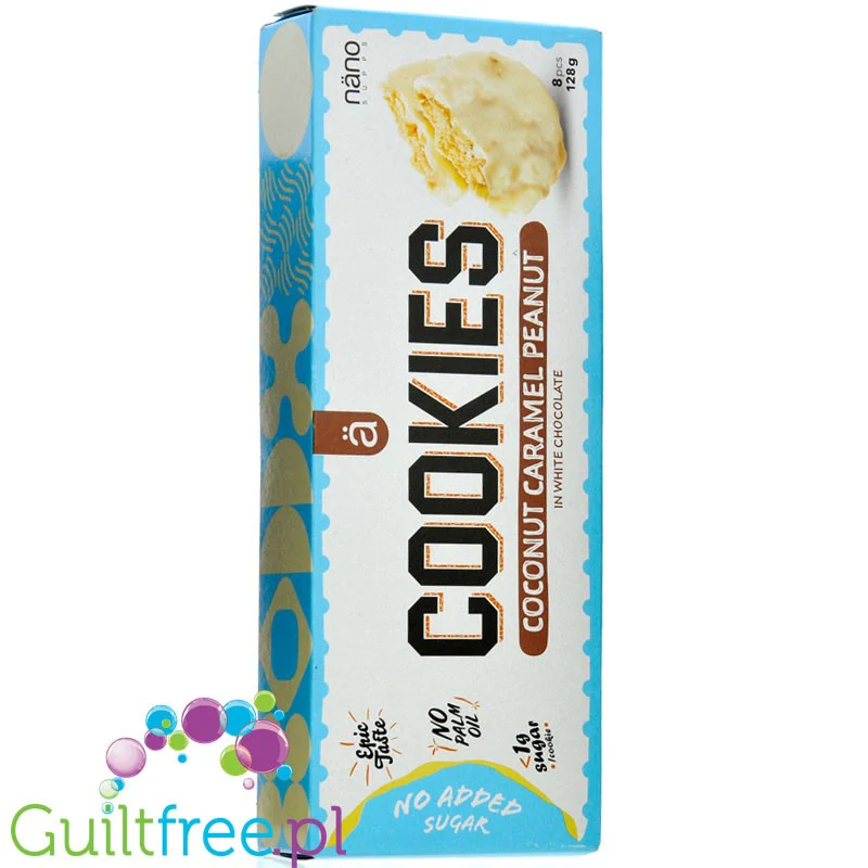 Nano Ä Coconut Caramel Peanut Cookies - ciastka karmelowo-kokosowe bez cukru w białej czekoladzie z orzechami ziemnymi