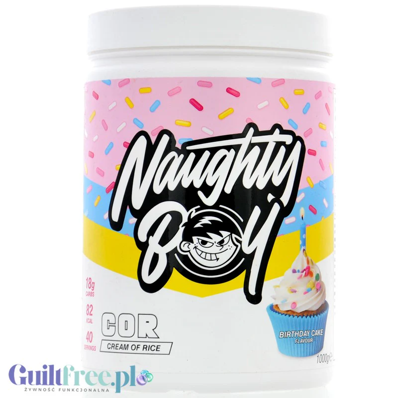 Naughty Boy Cream of Rice, Birthday Cake 1kg - kleik ryżowy bez cukru, regeneracyjny posiłek treningowy, Tort Urodzinowy