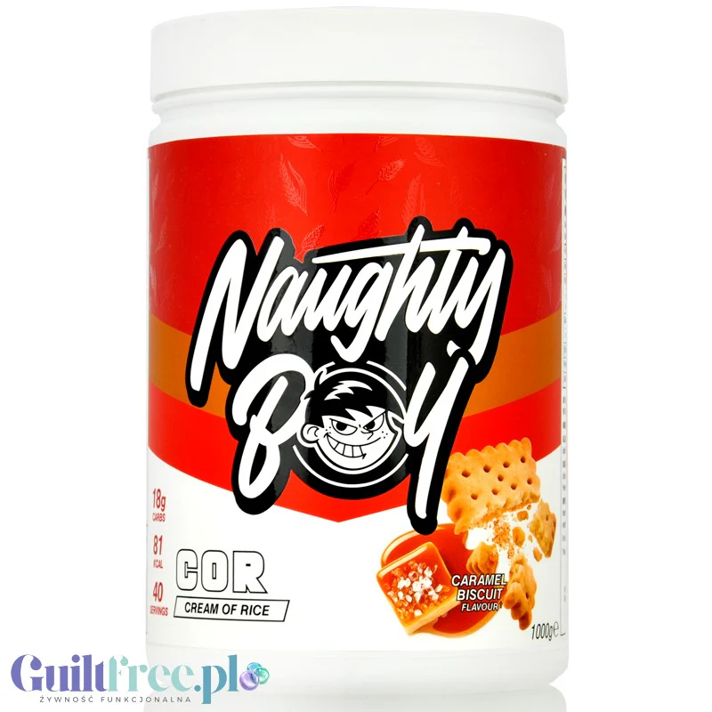Naughty Boy Cream of Rice, Caramel Biscuit 1kg - kleik ryżowy bez cukru, regeneracyjny posiłek treningowy, Karmelowe ciasteczko