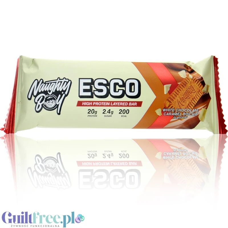 Naughty Boy Esco Protein Bar, White Chocolate Caramel Biscuit - baton 20g białka & 200kcal, smak Biała Czekolada & Spekulatius