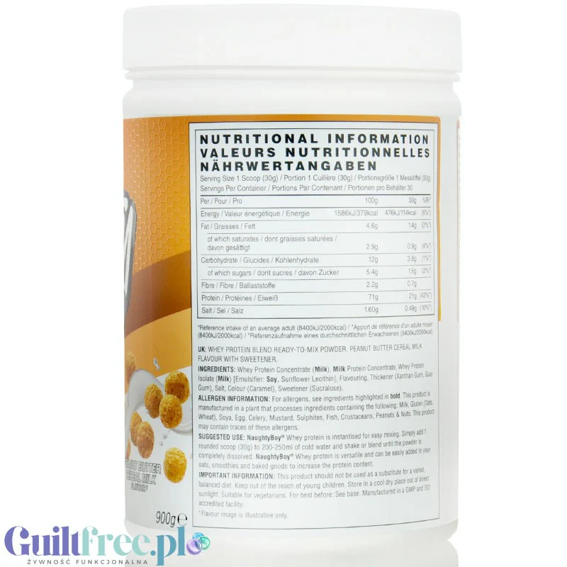 Naughty Boy Whey Premium Protein Peanut Butter Cereal Milk 900g - gęsta odżywka białkowa WPI, WPC & MPC - Image 2