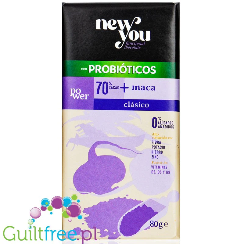 NewYou Power Chocolate 70% Maca + Probióticos - funkcjonalna czekolada bez cukru 70% kakao z probiotykami