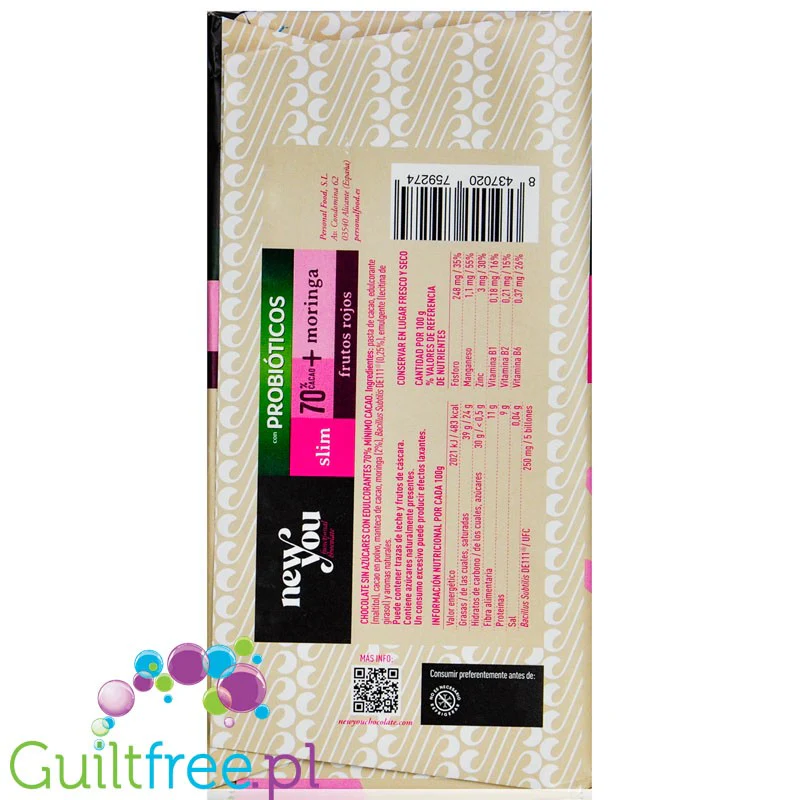 NewYou Slim Chocolate 70% Frutos Rojo, Moringa + Probióticos - funkcjonalna czekolada bez cukru 70% kakao, Owoce Leśne & Moringa - Image 2