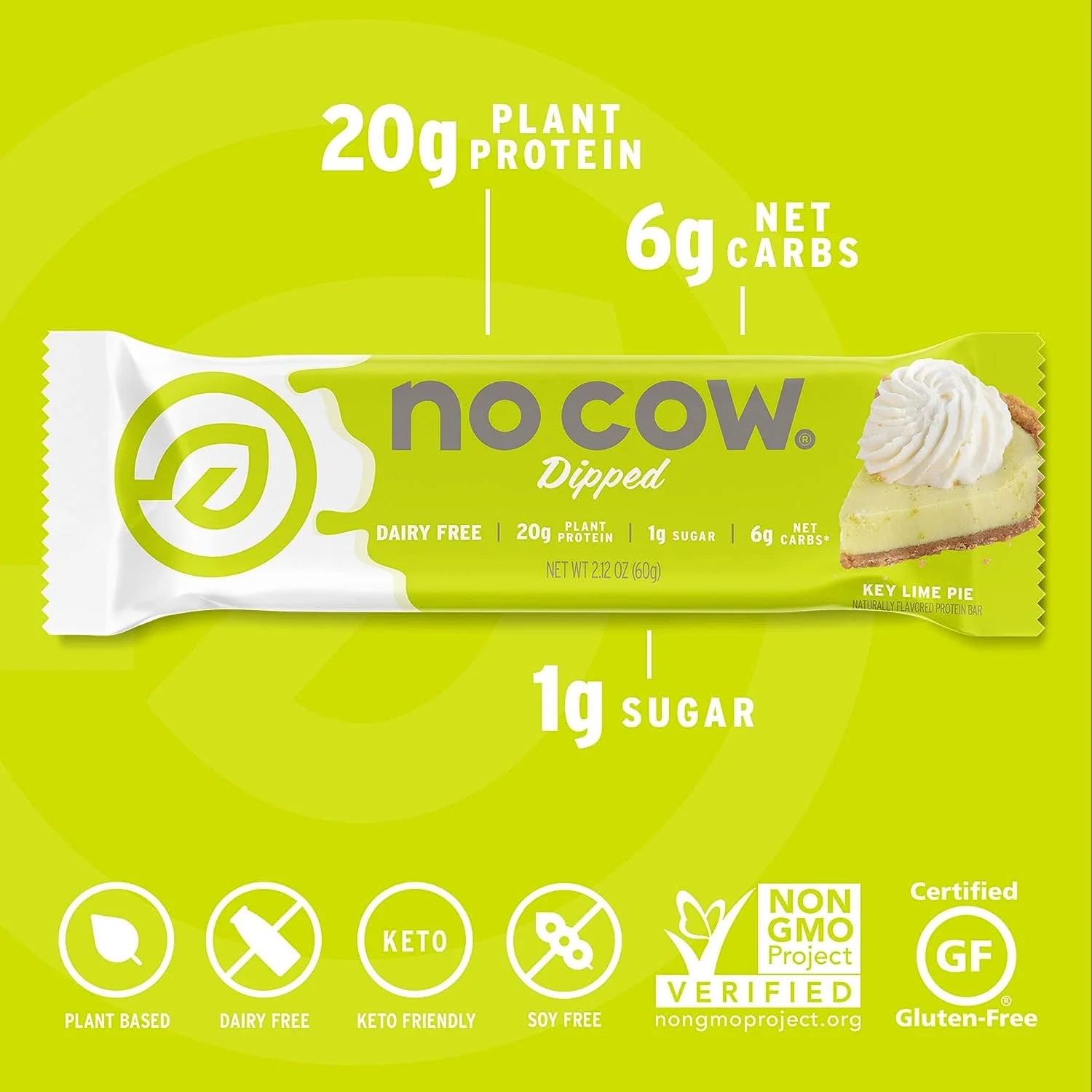 No Cow Bar Dipped, Key Lime Pie - wegański baton białkowy 20g białka, 14g błonnika, Limonka & Biała Czekolada - Image 2