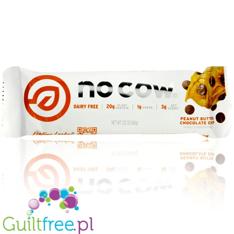 No Cow Bar, Peanut Butter Chocolate Chip - 20g białka & 190kcal, wegański baton białkowy bez soi i maltitolu