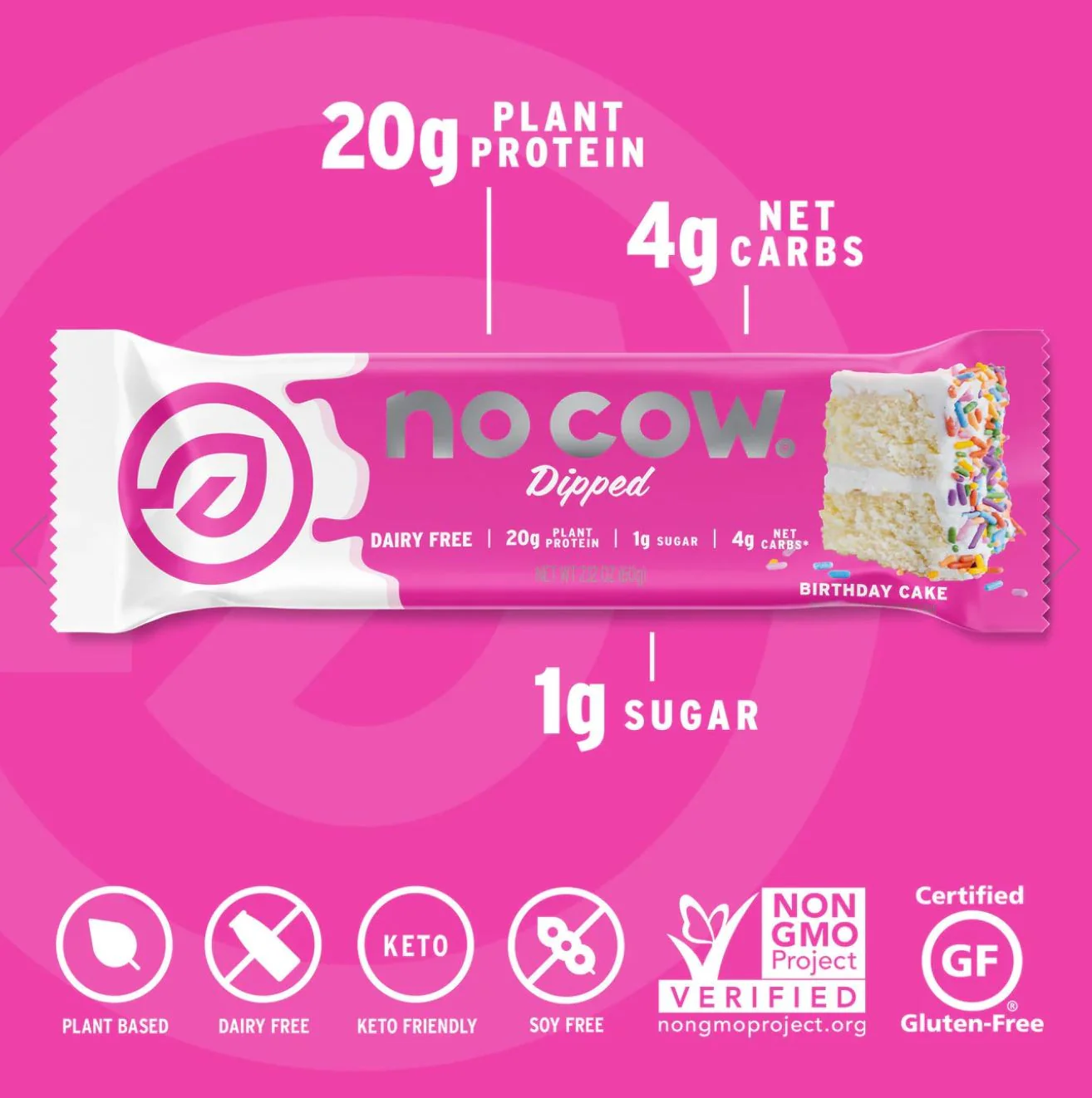 No Cow Bar Dipped, Birthday Cake - wegański keto baton białkowy w białej czekoladzie, bez soi i glutenu - Image 5