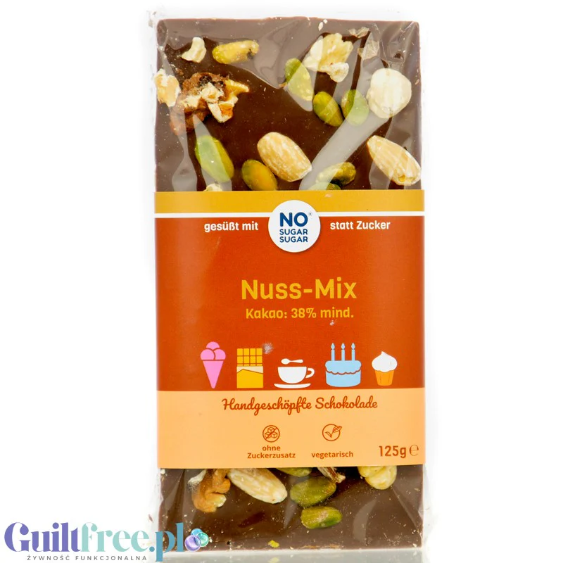 NO SUGAR SUGAR Nuss-Mix - rzemieślnicza mleczna czekolada z różnymi orzechami bez cukru z erytrolem i stewią