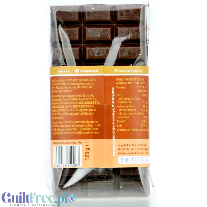 NO SUGAR SUGAR Nuss-Mix - rzemieślnicza mleczna czekolada z różnymi orzechami bez cukru z erytrolem i stewią - Image 2