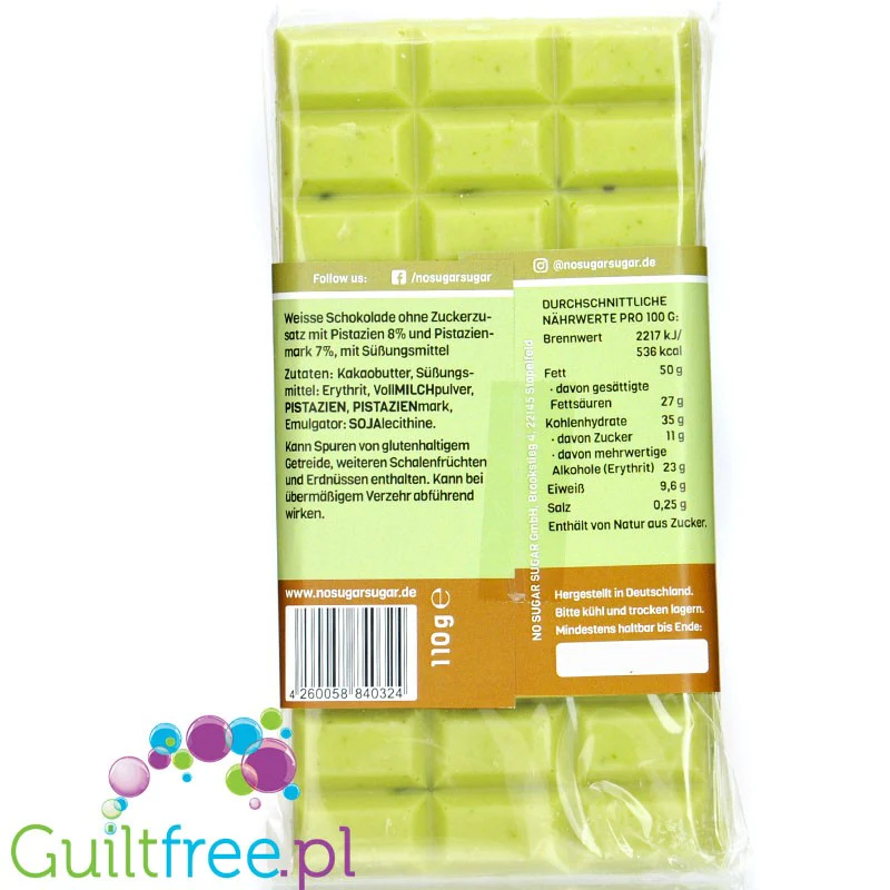 NO SUGAR SUGAR Schokolade Pistazie - rzemieślnicza czekolada bez cukru z erytrolem, Biała z Pistacjami - Image 2