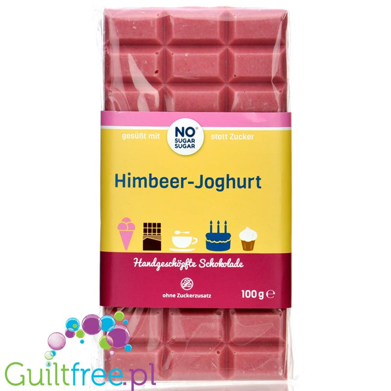 NO SUGAR SUGAR Schokolade Himbeer-Joghurt - rzemieślnicza czekolada bez cukru z erytrolem, Biała z Malinami