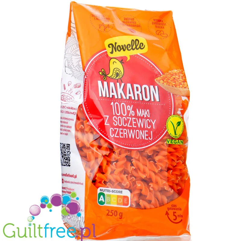 Novelle Makaron z Czerwonej Soczewicy 100%, Fusilli - wegański makaron świderki z czerwonej soczewicy 24g białka