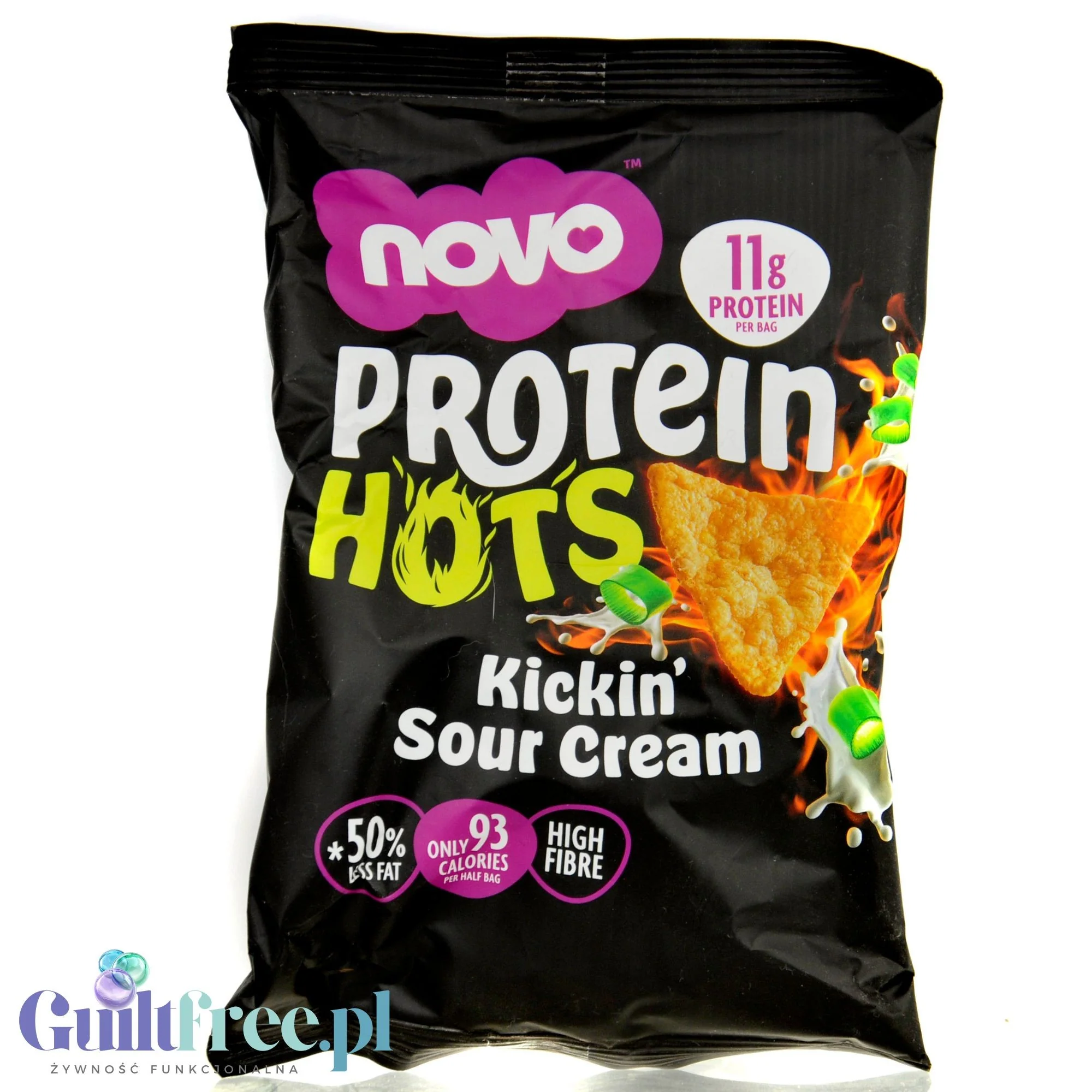 Novo Foods Protein Hots Kickin' Sour Cream - pikantne chrupki proteinowe o smaku śmietanki 50% mniej tłuszczu