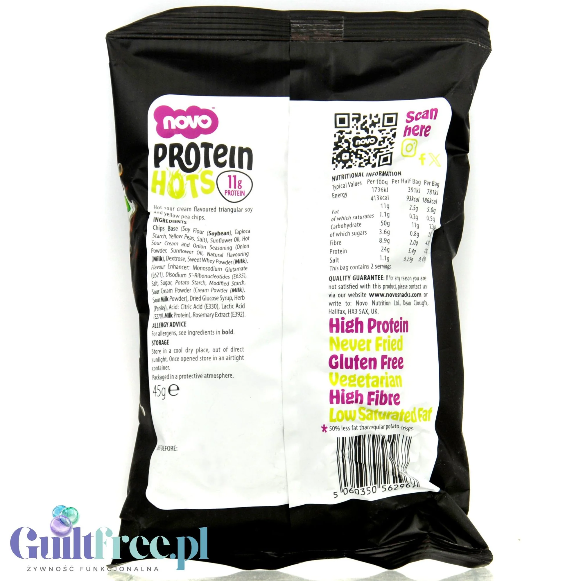 Novo Foods Protein Hots Kickin' Sour Cream - pikantne chrupki proteinowe o smaku śmietanki 50% mniej tłuszczu - Image 2