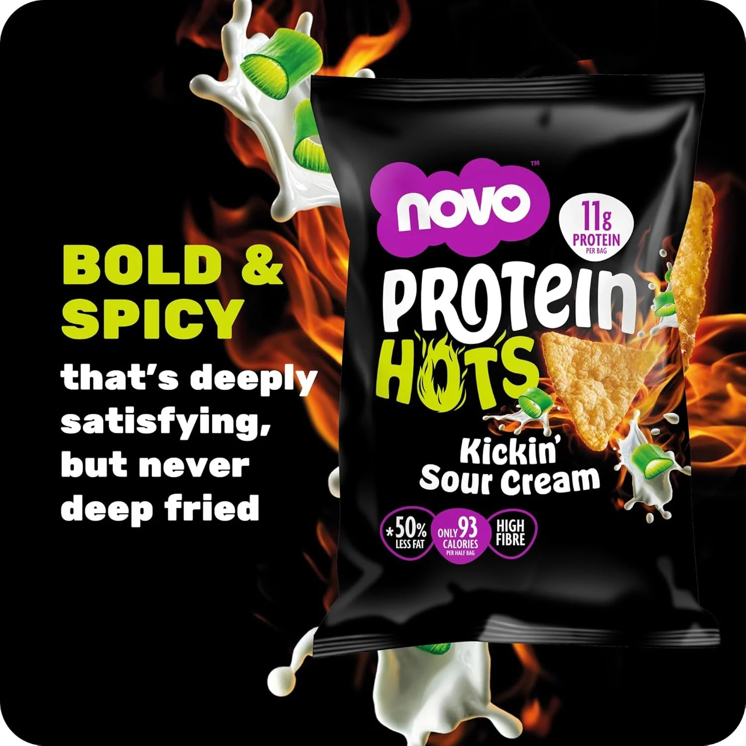 Novo Foods Protein Hots Kickin' Sour Cream - pikantne chrupki proteinowe o smaku śmietanki 50% mniej tłuszczu - Image 3