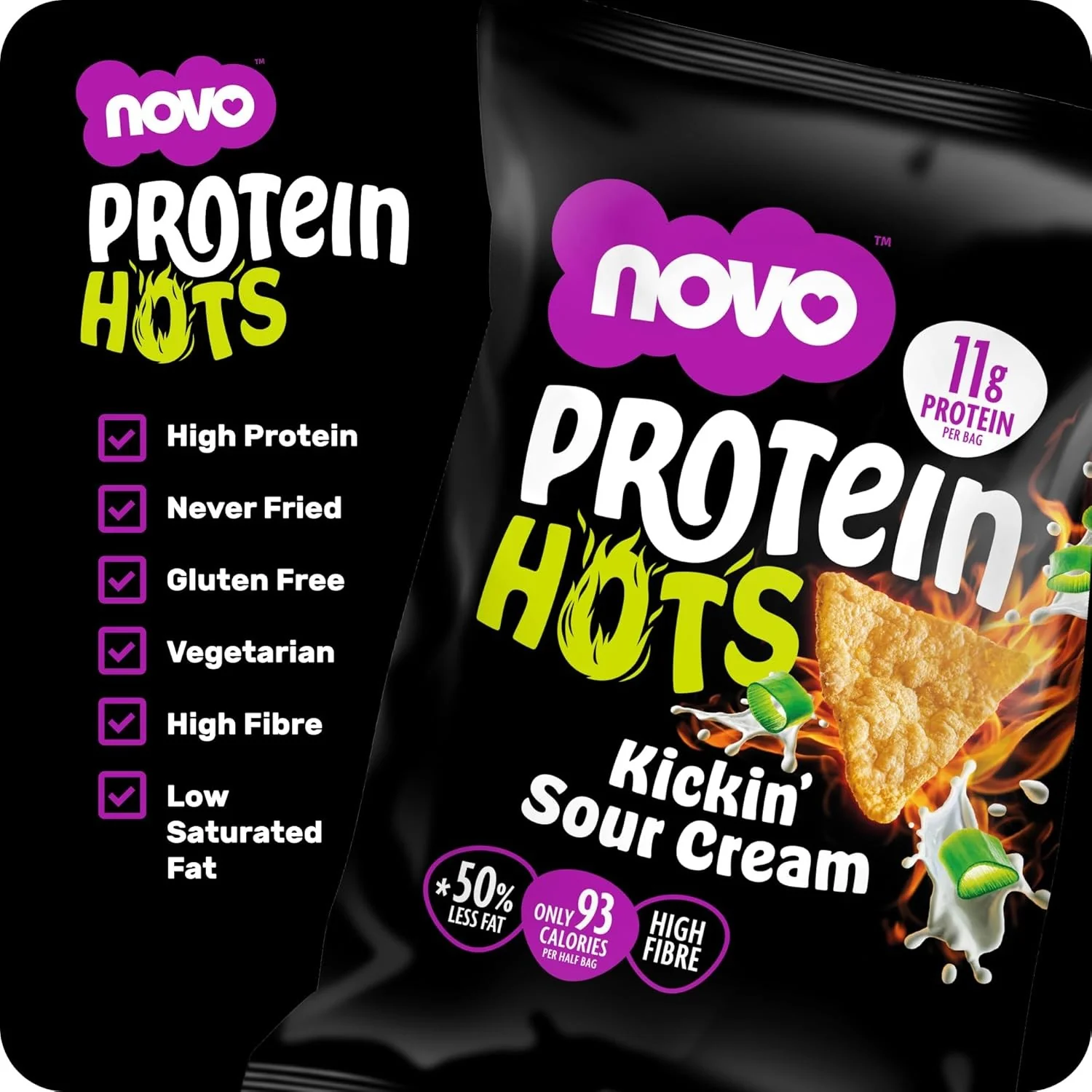 Novo Foods Protein Hots Kickin' Sour Cream - pikantne chrupki proteinowe o smaku śmietanki 50% mniej tłuszczu - Image 4