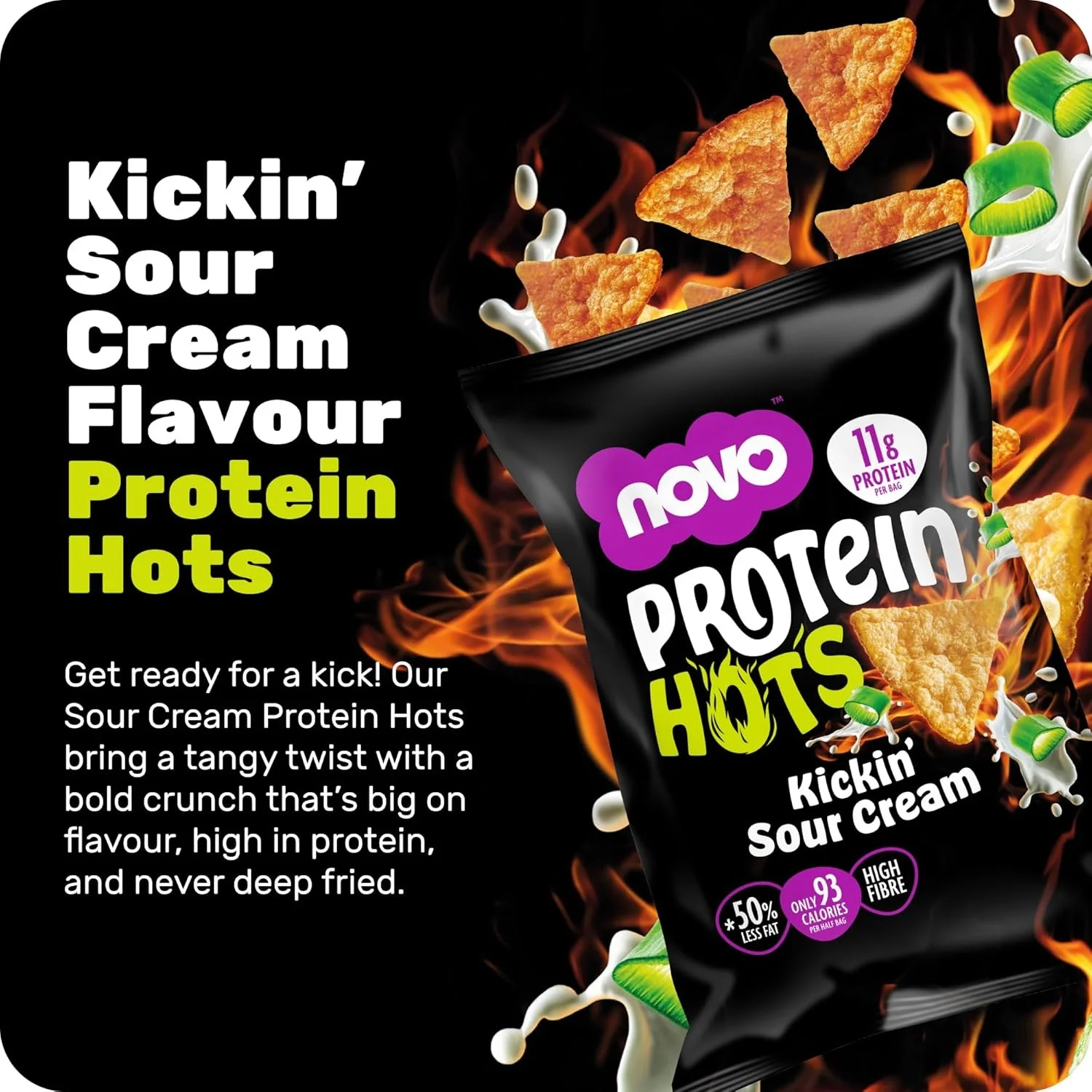 Novo Foods Protein Hots Kickin' Sour Cream - pikantne chrupki proteinowe o smaku śmietanki 50% mniej tłuszczu - Image 5