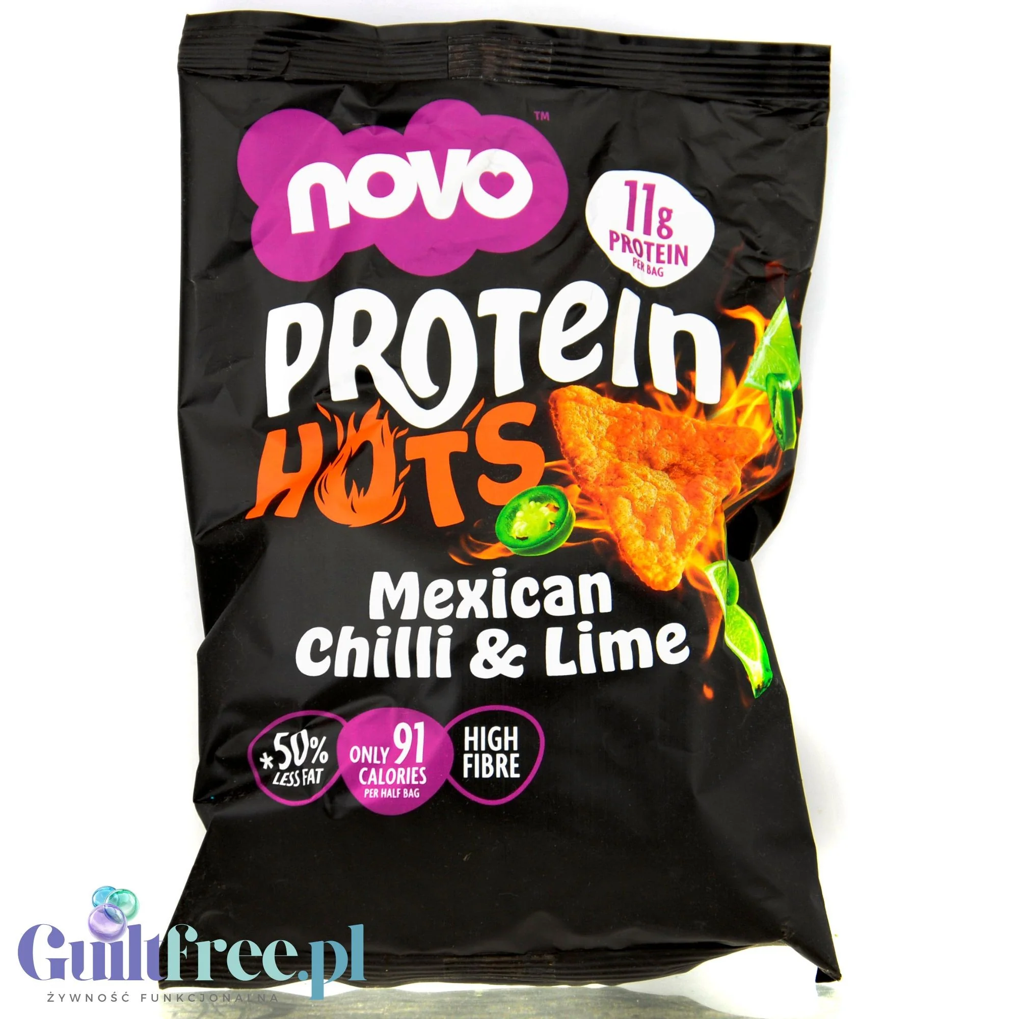 Novo Foods Protein Hots Mexican Chilli & Lime - pikantne chrupki proteinowe o smaku Chili & Limonka 50% mniej tłuszczu