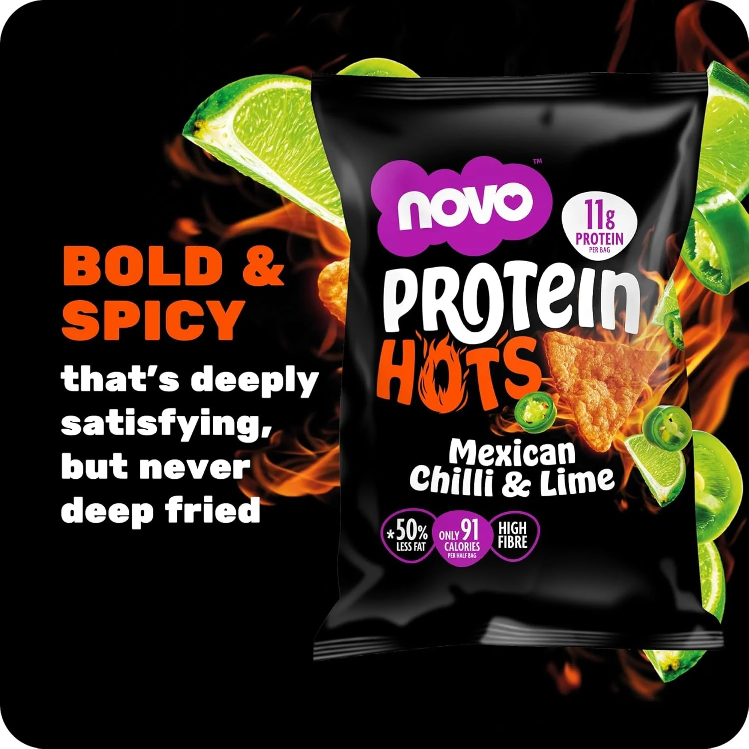Novo Foods Protein Hots Mexican Chilli & Lime - pikantne chrupki proteinowe o smaku Chili & Limonka 50% mniej tłuszczu - Image 2