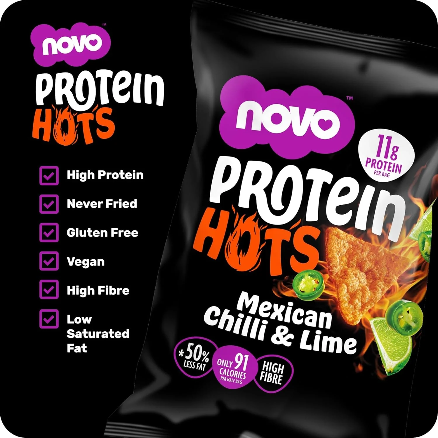 Novo Foods Protein Hots Mexican Chilli & Lime - pikantne chrupki proteinowe o smaku Chili & Limonka 50% mniej tłuszczu - Image 3