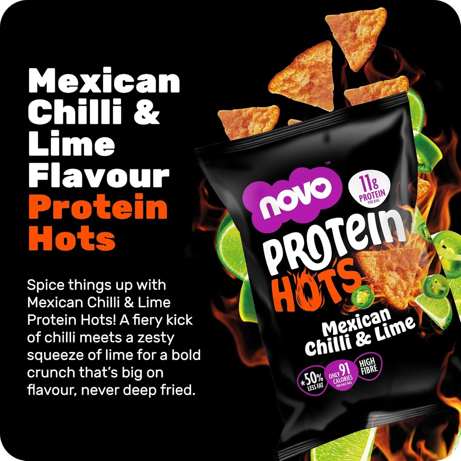 Novo Foods Protein Hots Mexican Chilli & Lime - pikantne chrupki proteinowe o smaku Chili & Limonka 50% mniej tłuszczu - Image 4