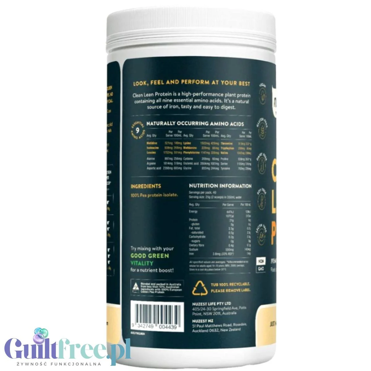 Nuzest Clean Lean Protein Just Natural 1kg - wegańska odżywka białkowa z europejskiego grochu bez słodzików i aromatów - Image 3