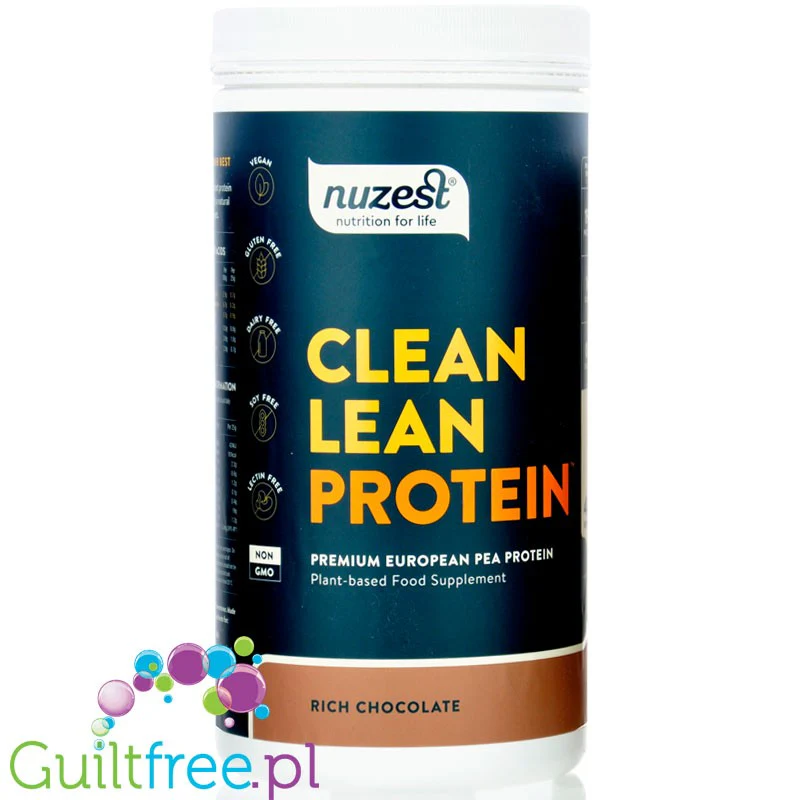 Nuzest Clean Lean Protein Rich Chocolate 1kg - wegańska odżywka białkowa o ultra czystym składzie na bazie europejskiego grochu