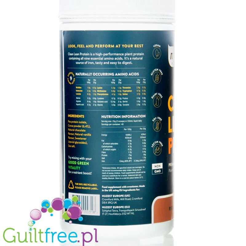 Nuzest Clean Lean Protein Rich Chocolate 1kg - wegańska odżywka białkowa o ultra czystym składzie na bazie europejskiego grochu - Image 3