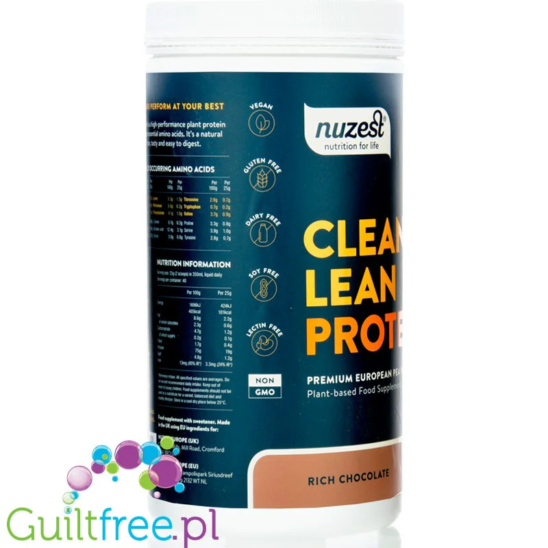 Nuzest Clean Lean Protein Rich Chocolate 1kg - wegańska odżywka białkowa o ultra czystym składzie na bazie europejskiego grochu - Image 4