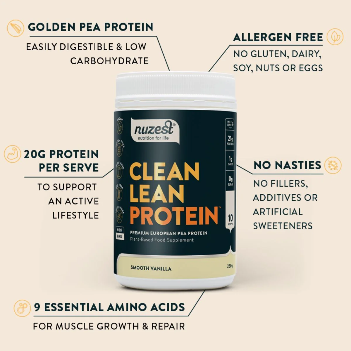 Nuzest Clean Lean Protein Smooth Vanilla 0,5kg - wegańska odżywka białkowa o wspaniałym składzie na bazie europejskiego grochu - Image 6
