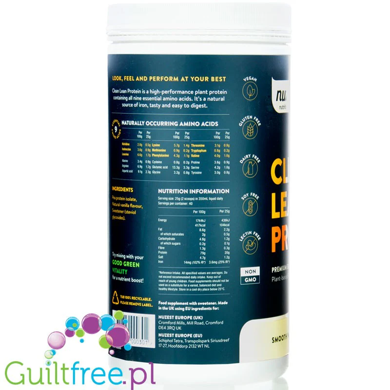Nuzest Clean Lean Protein Smooth Vanilla 1kg - wegańska odżywka białkowa o wspaniałym składzie na bazie europejskiego grochu - Image 2