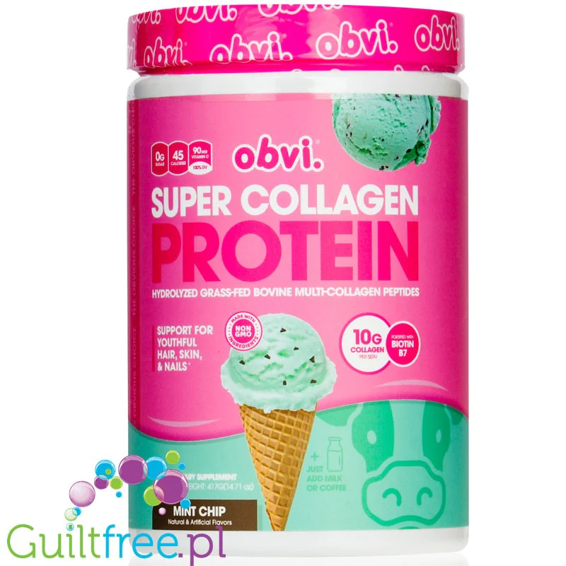 Obvi Super Collagen Protein Mint Chocolate Chip - 45kcal & 10g białka, keto kolagen bez cukru z witaminami i minerałami