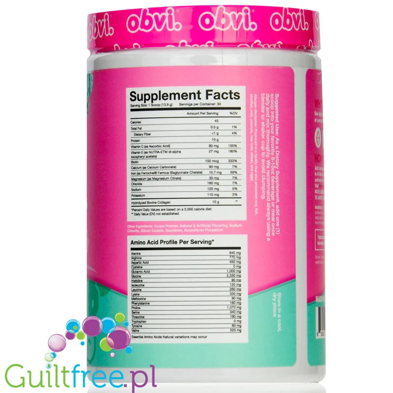 Obvi Super Collagen Protein Mint Chocolate Chip - 45kcal & 10g białka, keto kolagen bez cukru z witaminami i minerałami - Image 2