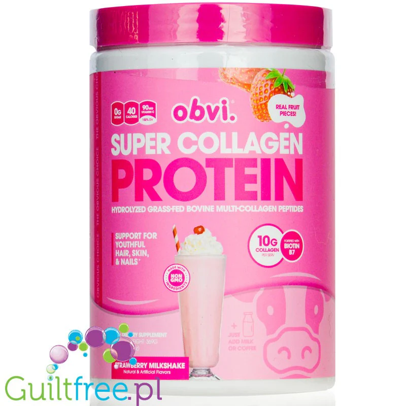Obvi Super Collagen Protein Strawberry Milkshake - 40kcal & 9g białka, keto kolagen bez cukru z witaminami i minerałami