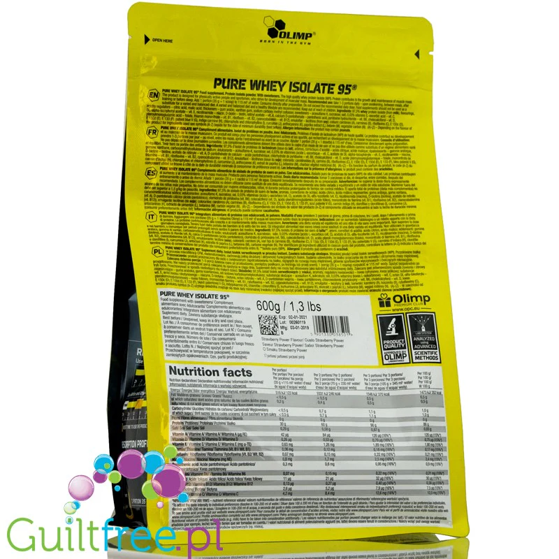 Olimp Pure Whey Isolate 95% Strawberry, 0,6kg, odżywka białkowa WPI - Image 3