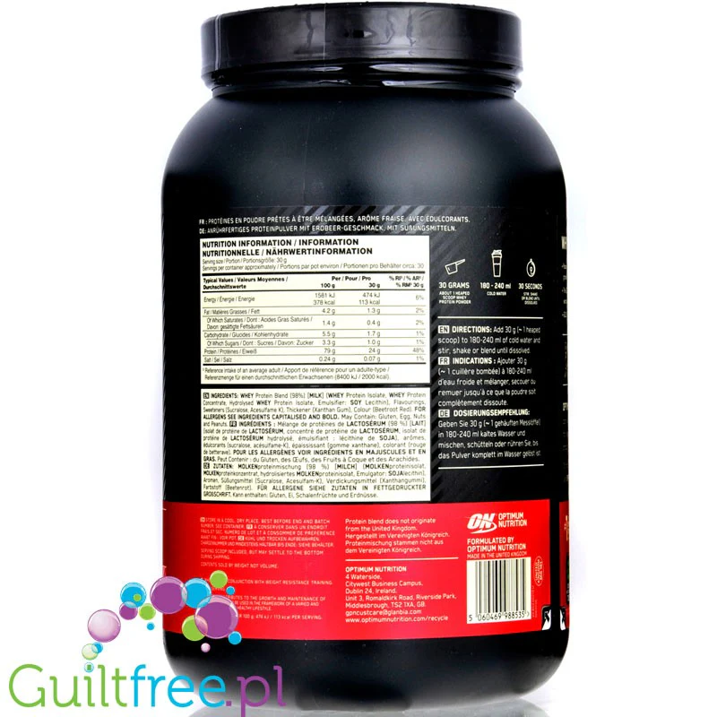 Optimum Nutrition, Whey Gold Standard 100% Delicious Strawberry odżywka 0,9kg, 24g białka & 113kcal - Image 2