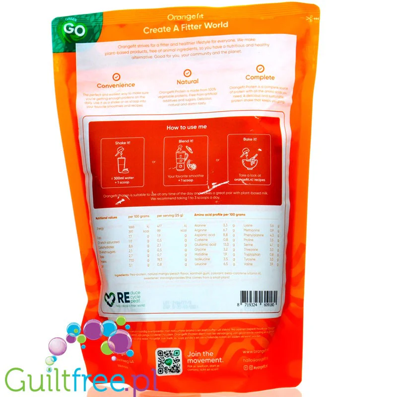 Orangefit Vegan Protein Mango & Peach - wegańska odżywka proteinowa bez soi, ze stewią, Brzoskwinia & Mango - Image 2