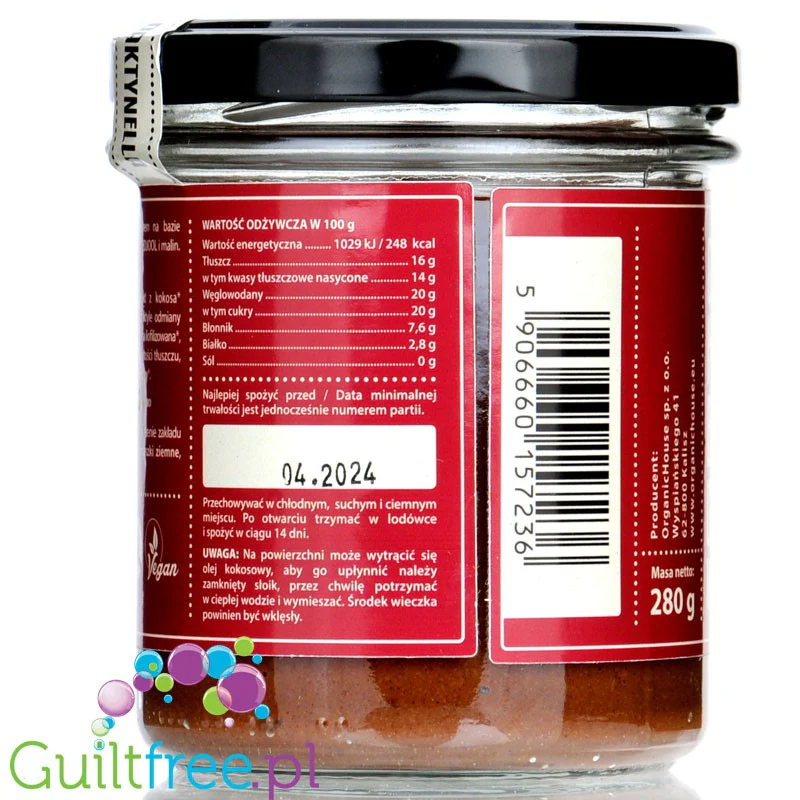 Organic House Daktynella Malina 280g - malinowy krem daktylowo-kokosowy bez dodatku cukru, wegański & organiczny - Image 3